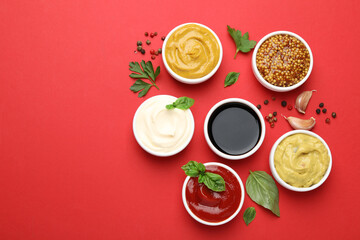 Different sauces, spices and herbs on red background, flat lay. Space for text
