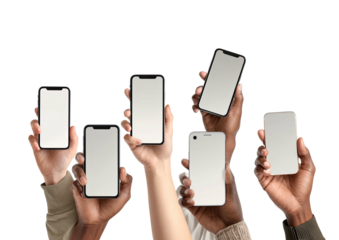 Diverse hands hold blank phones against a black background