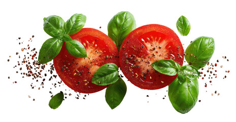 Ripe tomatoes, fresh basil, and spices on black