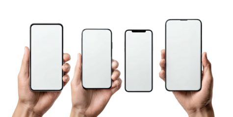 Four hands hold up blank screen smartphones of varying sizes