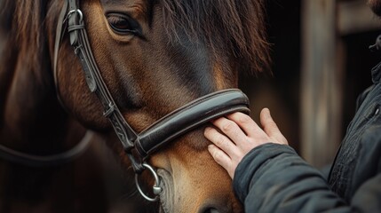 A human hand strokes a horse in harness, close-up.
Suitable for articles about animals, veterinary medicine, therapeutic interaction with horses, or advertising for equestrian clubs.