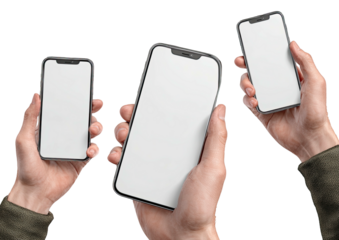 Three hands holding smartphones with blank screens