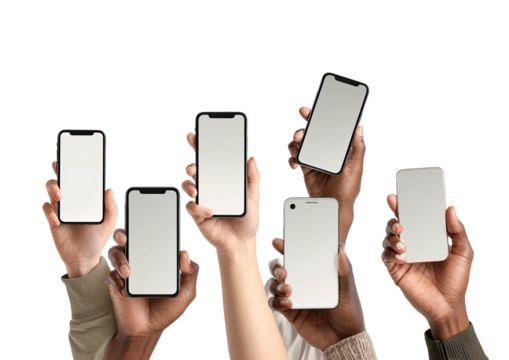 Diverse hands hold blank phones against a black background