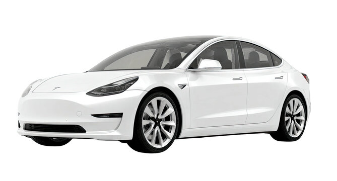 A sleek, white electric sedan is angled to the left against a black background