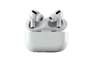 White wireless earbuds and charging case with green indicator light
