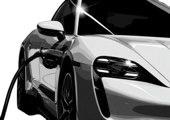 Sleek electric car charging, futuristic vehicle, illuminated headlights, black background