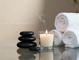 Wellness & Mindfulness
Serene spa-style still life with burning candle, stacked stones, and soft towel. Represents wellness, balance, and tranquility.