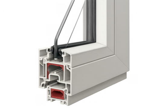 Pvc window cross-section showing double glazing insulated profile, construction technology, and energy efficiency concept