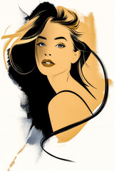 Abstract illustration of a female face in mixed media focusing on bold lines and a limited color palette.