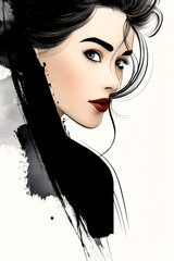 A minimalist graphic portrait of a woman's face with bold black hair and striking red lips on a white background.
