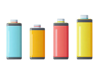 Four colorful cartoon-style batteries lined up in a row