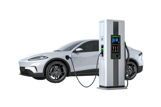 White electric car connected to charging station