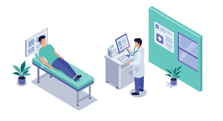 Obraz premium Modern healthcare clinic isometric design with doctor and patient interaction