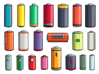 Diverse battery shapes and vibrant colors, isolated on black
