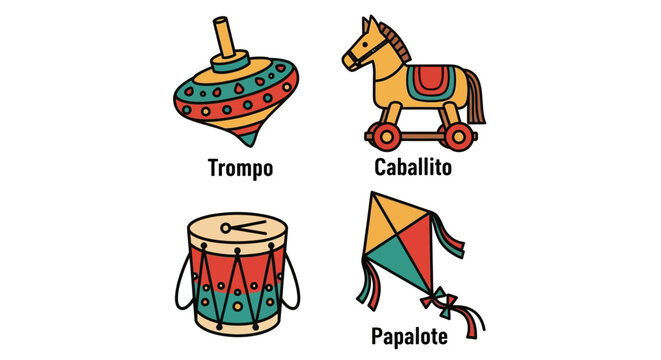 Collection four traditional mexican toys including spinning top, wooden horse on wheels, drum, and kite, all isolated on