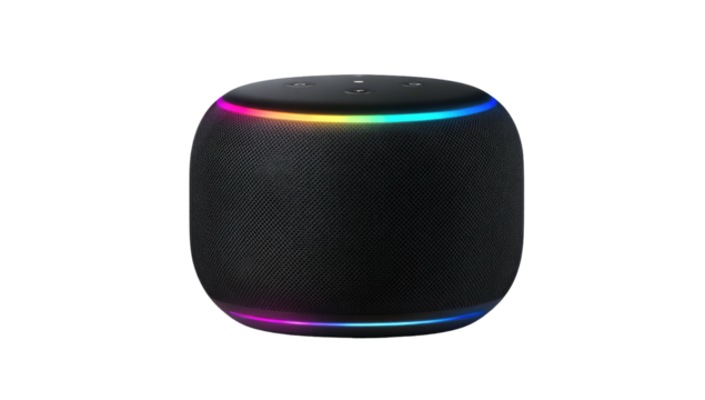 Black cylindrical smart speaker with illuminated ring of colors