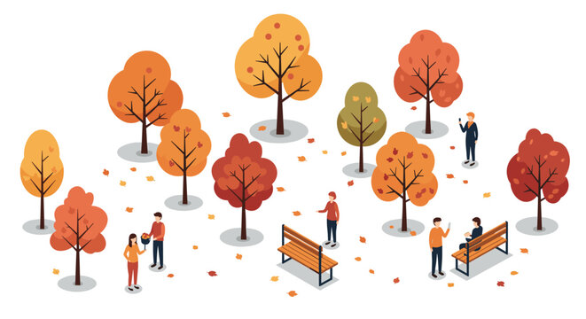 Autumn park scene with colorful trees and people enjoying fall activities in isometric style - Powered by Adobe