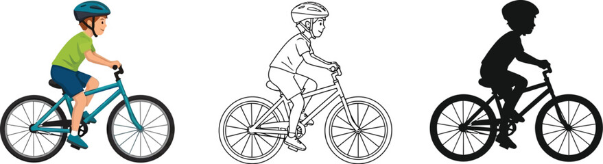 Fototapeta premium Illustration of boy riding bike in color line art and silhouette style