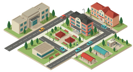 3d isometric city block with buildings and streets