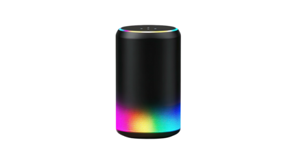 Sleek black cylindrical speaker with colorful glowing LED base