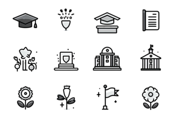 Collection of monochrome academic and floral icons on black background