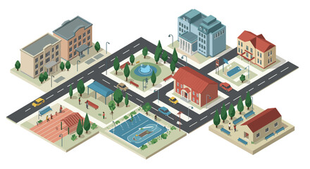 Fototapeta premium Charming isometric town scene with buildings and streets