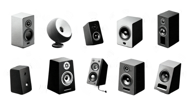 Collection of various audio speaker shapes on black background