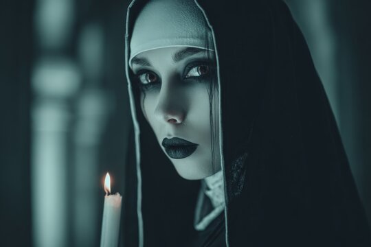 a gothic nun with hollow eyes holding a candle