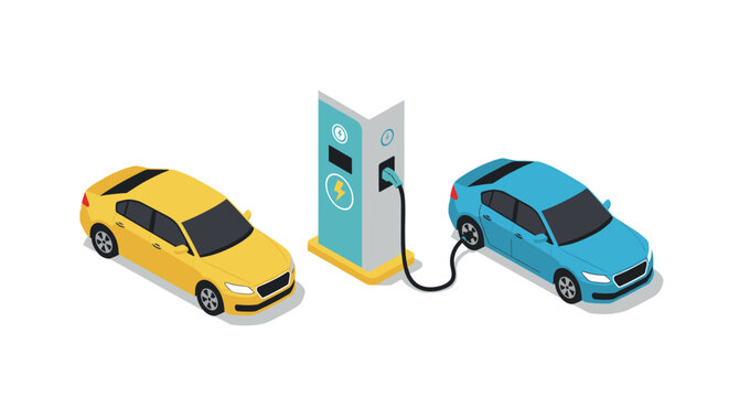 Fototapeta Isometric electric cars charging at station