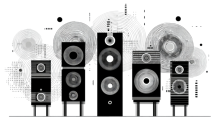Abstract monochrome display of multiple audio speakers and records