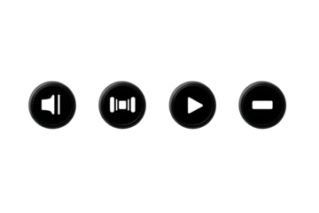 Four black circular buttons with icons on a dark background
