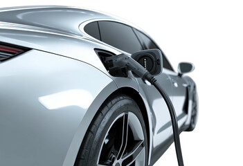 Sleek silver electric car plugged into charging station