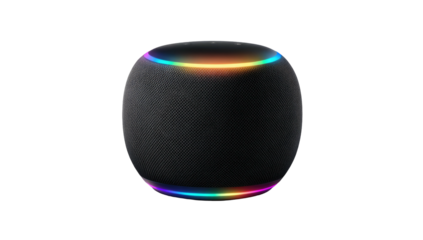 A black, fabric-covered cylindrical speaker with a glowing rainbow light ring
