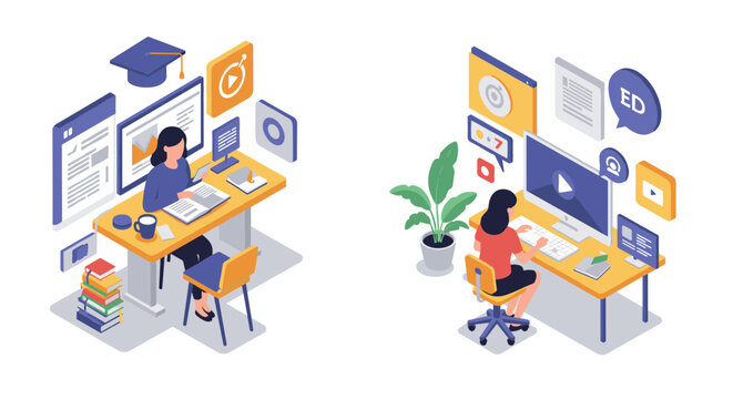 Modern isometric online learning setup with students and educational icons in a workspace