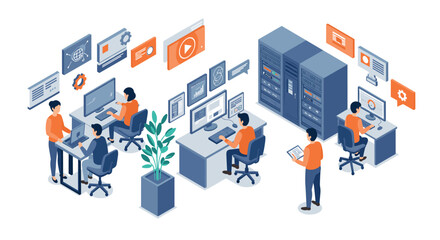 Fototapeta premium Isometric office workspace with it professionals and technology equipment