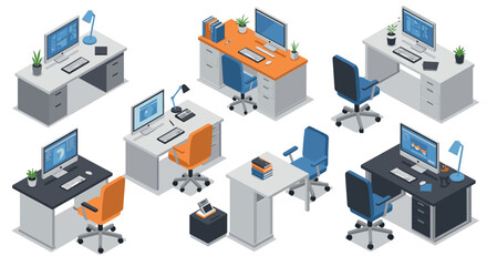 Fototapeta premium Modern office workspace designs with isometric desks and chairs