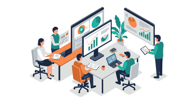 Team collaboration in modern office setting with data analytics and technology