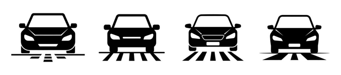 Four black car icons with different road markings indicating various driving scenarios.