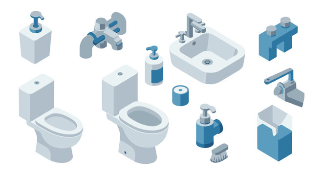 Isometric bathroom elements collection: toilets, faucets, and accessories in modern blue-gray tones