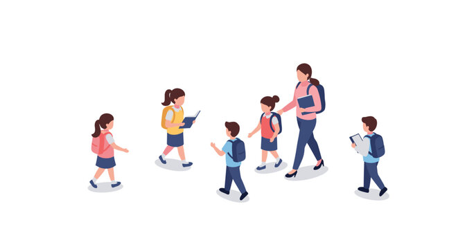 Isometric school group: students and teacher walking with backpacks and books - Powered by Adobe