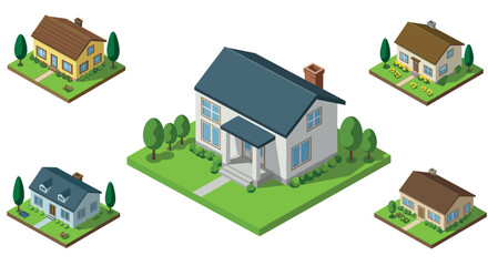 Isometric suburban homes collection with diverse colors and designs