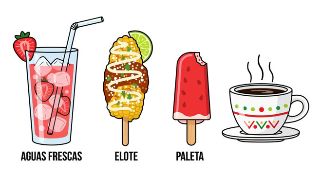 Collection popular mexican street foods and drinks, including aguas frescas, elote, paleta, and coffee, presented as colorful on