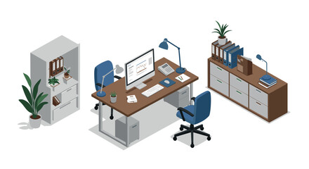 Fototapeta premium Modern isometric office workspace setup with desk, chairs, and shelves