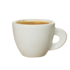 High quality PNG of white ceramic espresso cup with freshly brewed drink with cream foam. Isolated image on a transparent background
