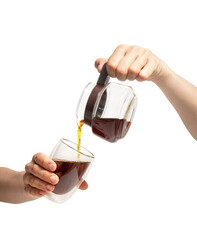 High quality PNG of hands pouring black coffee from a coffee pot into a glass with double bottom....