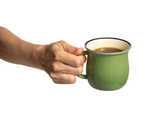 High quality PNG of hand holding a ceramic green cup of black americano coffee. Isolated image on a...