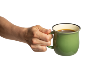 High quality PNG of hand holding a ceramic green cup of black americano coffee. Isolated image on a transparent background
