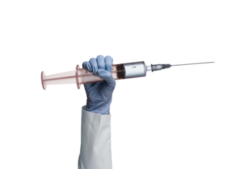 PNG image of a medical professionals hand in a white coat holding a large syringe filled with medicine. Isolated on transparent background for healthcare and vaccination concepts.