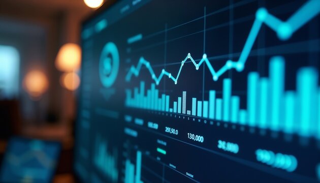 A close-up view of a digital screen displaying financial data with blue graphs and charts. The background is blurred, suggesting a modern office environment.