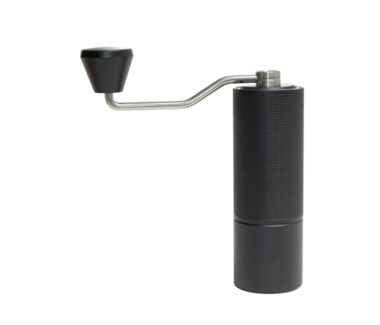 High quality PNG of a metal manual coffee grinder black color isolated on a transparent background.